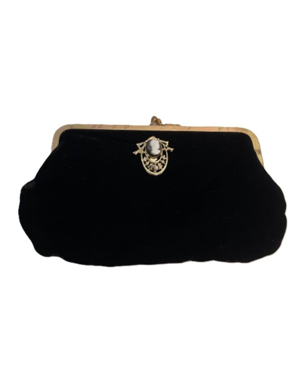 Vintage Victorian Style Black Velvet Cameo Clutch Satin Lining 1950s/1960s 6.5"